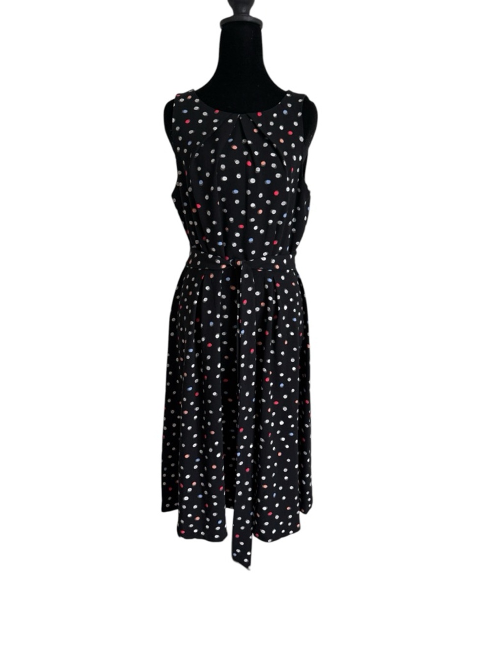 Black Polka Dot Sleeveless Tie-Waist Dress